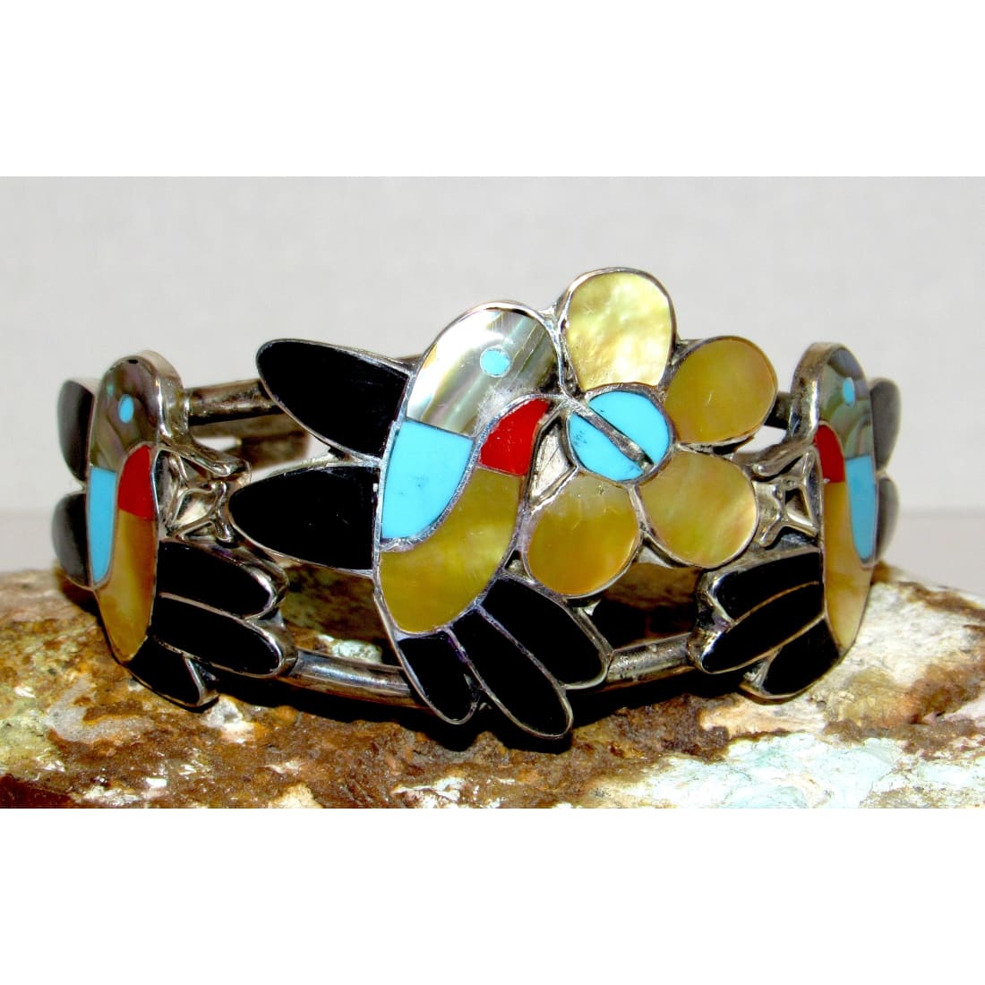 Vintage Zuni Inlay Hummingbird Cuff Bracelet Sterling Silver Jet Turquoise Shell