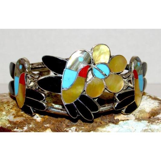 Vintage Zuni Inlay Hummingbird Cuff Bracelet Sterling Silver Jet Turquoise Shell