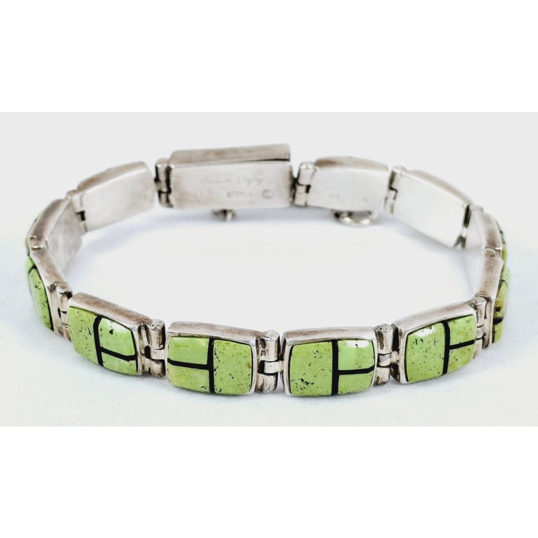 Vintage Navajo Gaspeite Onyx Inlay Link Bracelet Sterling Silver Calvin Begay TSF