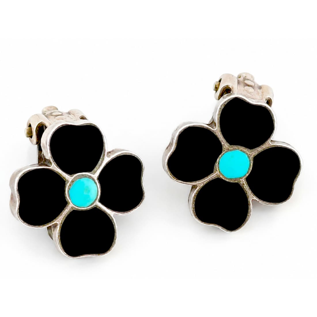 Vintage Zuni Flower Inlay Clip On Earrings Turquoise Jet Sterling Silver