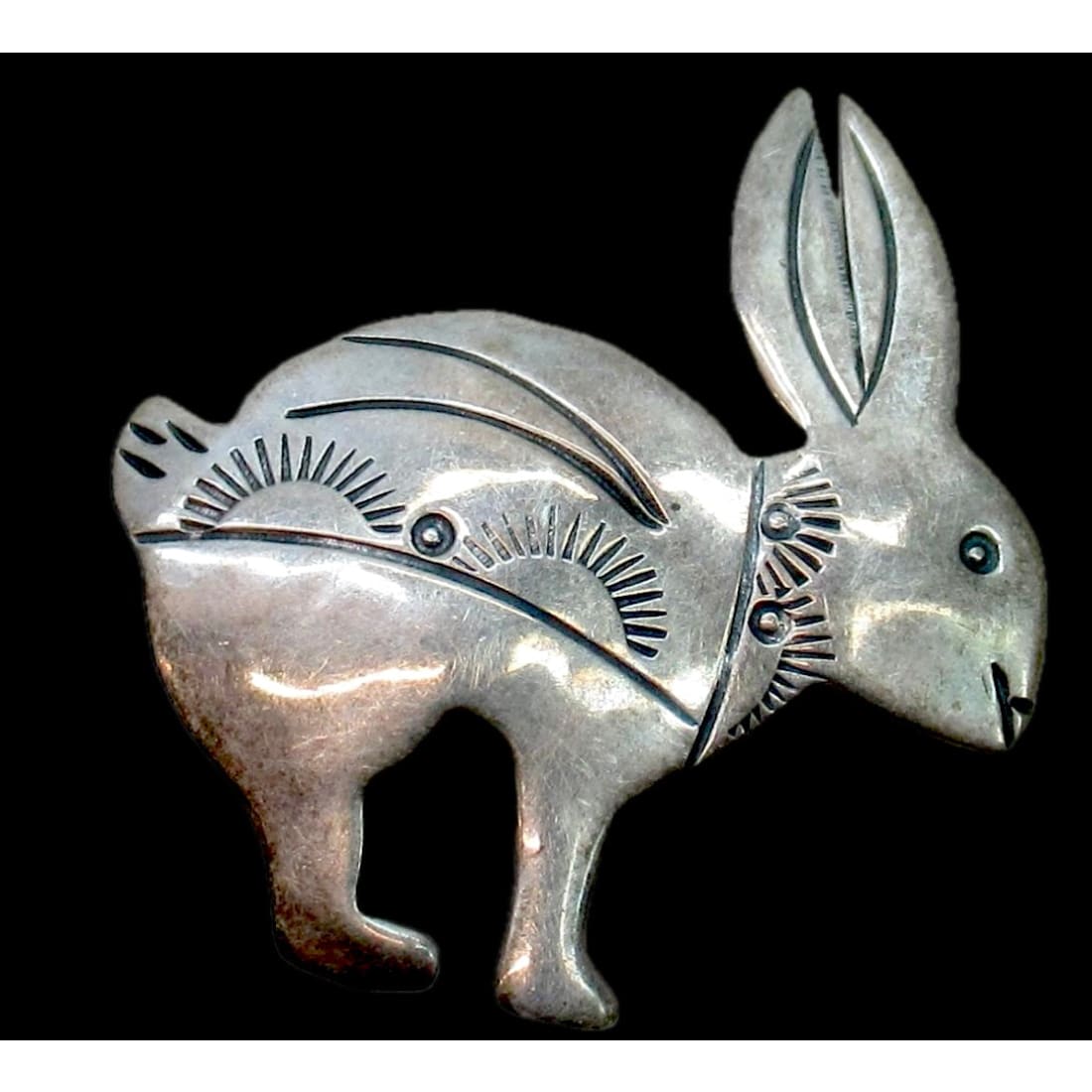 Vintage Navajo Mimbres Bunny Sterling Silver Brooch Pin Old Pawn