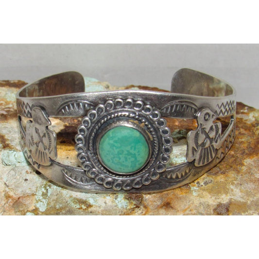 Fred Harvey Era Bracelet Navajo Sterling Turquoise Thunderbird Snake Cuff Old Pawn