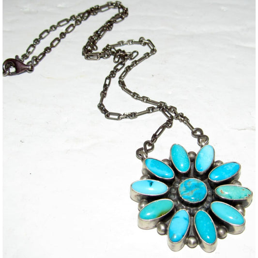 Navajo Blue Royston Turquoise Cluster Bar Necklace Sterling Silver B Lee