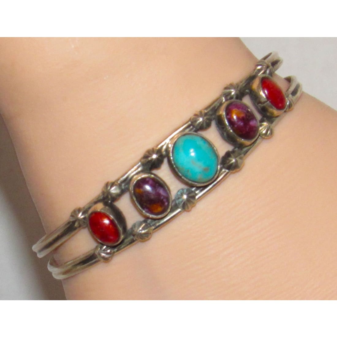 Navajo Cuff Bracelet Turquoise Purple Spiny Red Spiny Sterling Silver Stacker