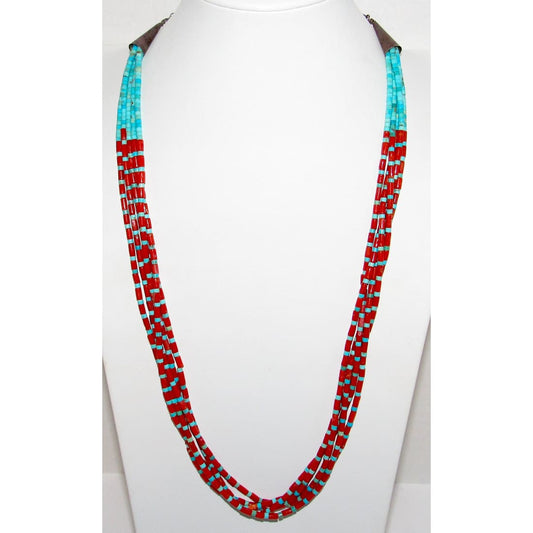 Vintage Navajo Coral Turquoise Heishi Necklace Sterling Silver Native American