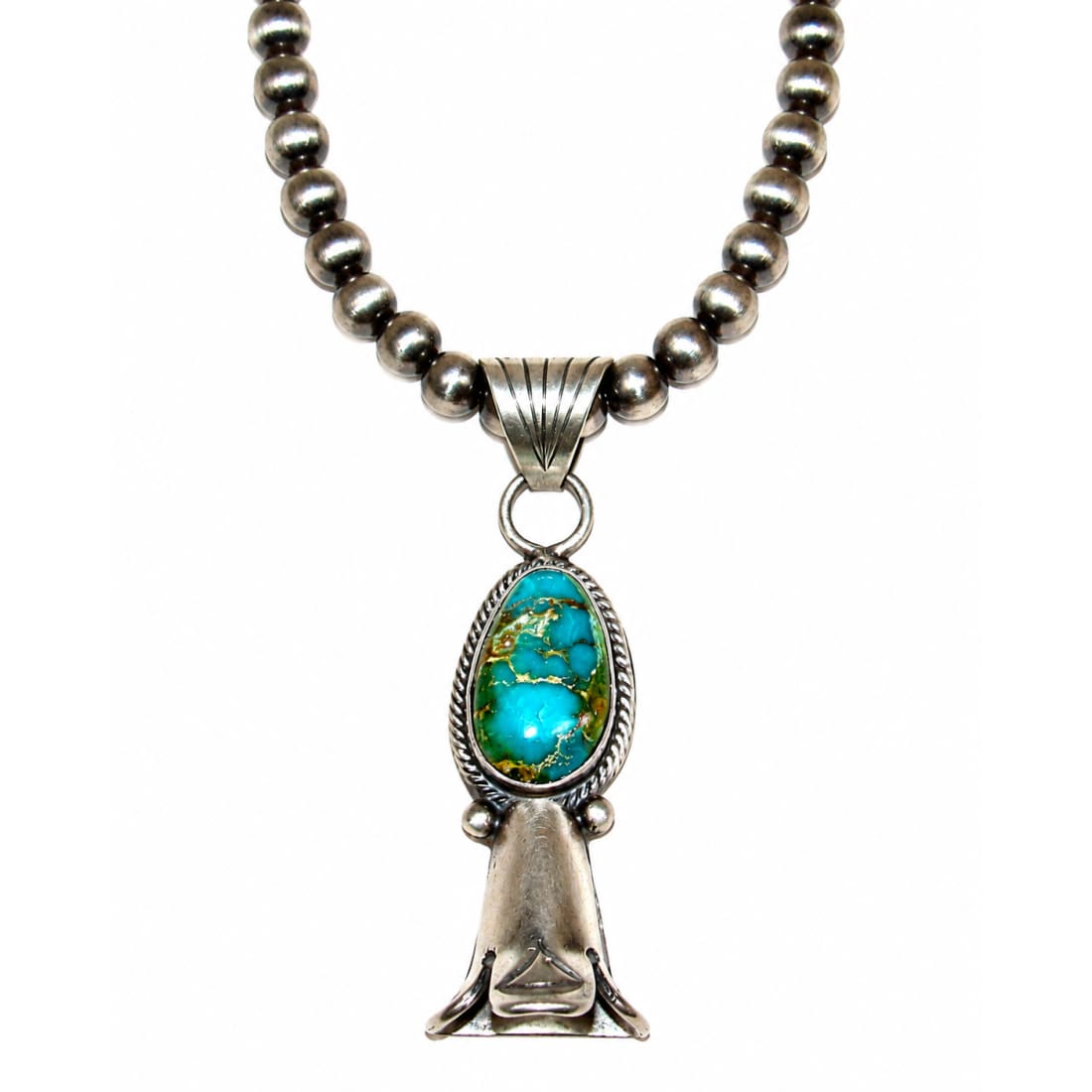 Navajo Pearls & Squash Blossom Pendant Royston Turquoise Sterling Silver