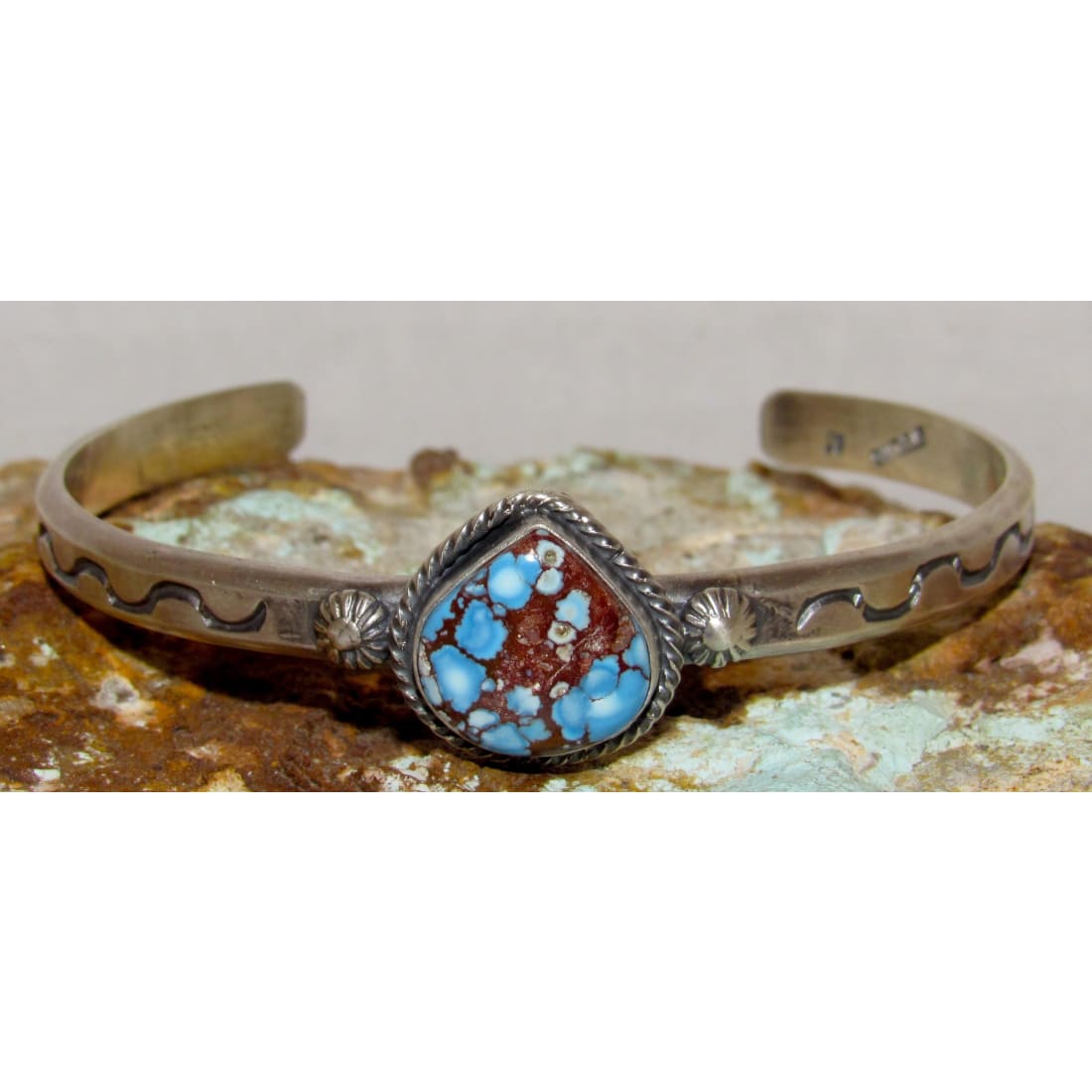 Navajo Golden Hills Turquoise Stacker Cuff Sterling Hand Etched Bracelet S. Yellowhair