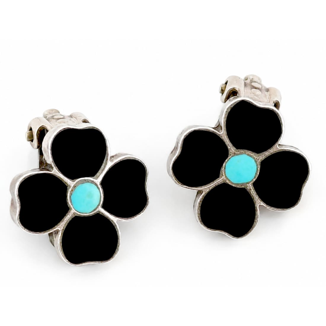 Vintage Zuni Flower Inlay Clip On Earrings Turquoise Jet Sterling Silver