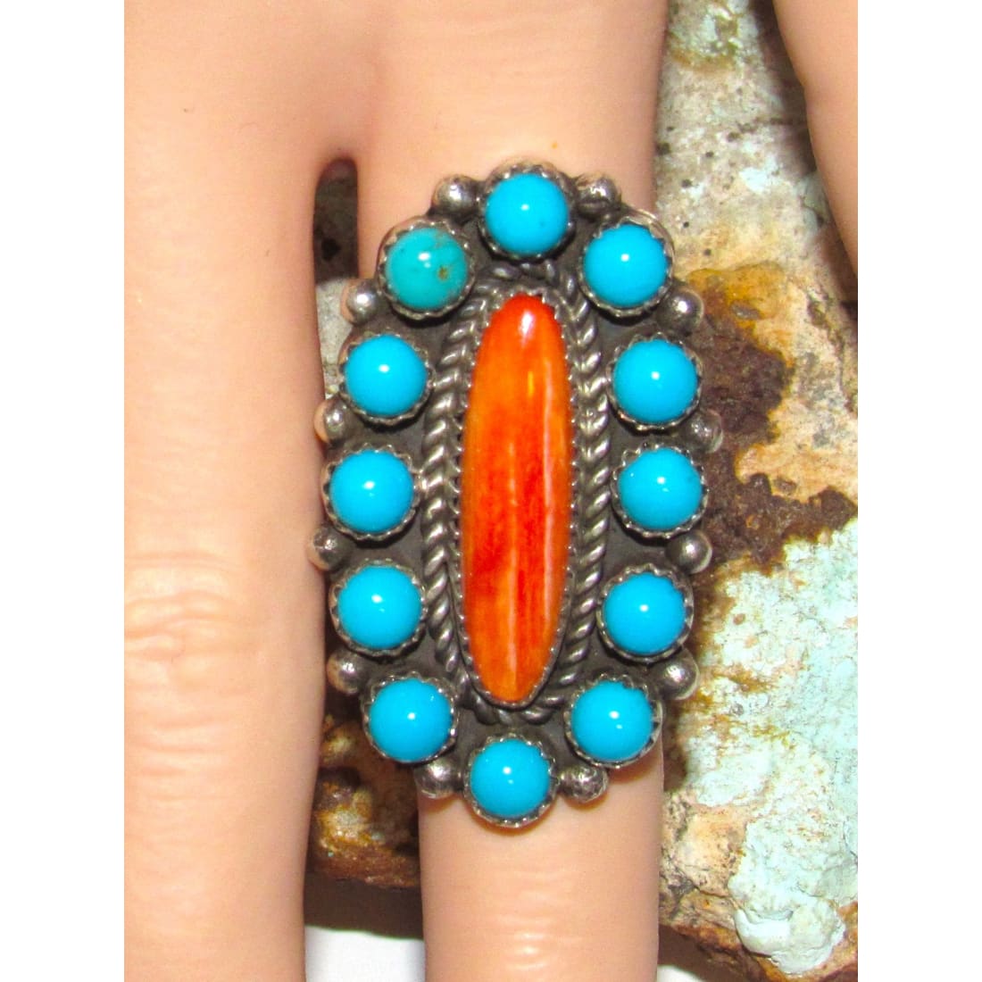 Navajo Turquoise Orange Spiny Cluster Ring Size 8.5 Sterling P. Yazzie