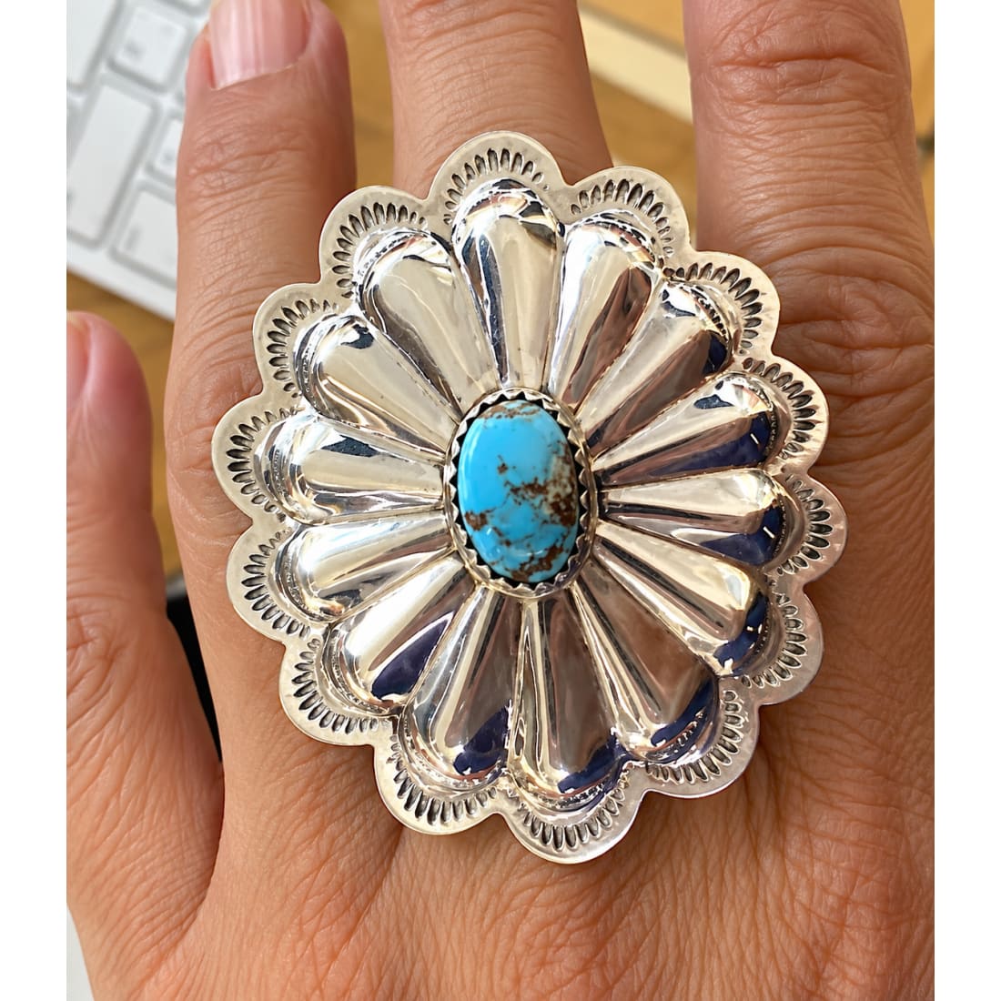 Navajo Concho Ring Sz 7 Sterling Silver Golden Hills Turquoise D Martinez