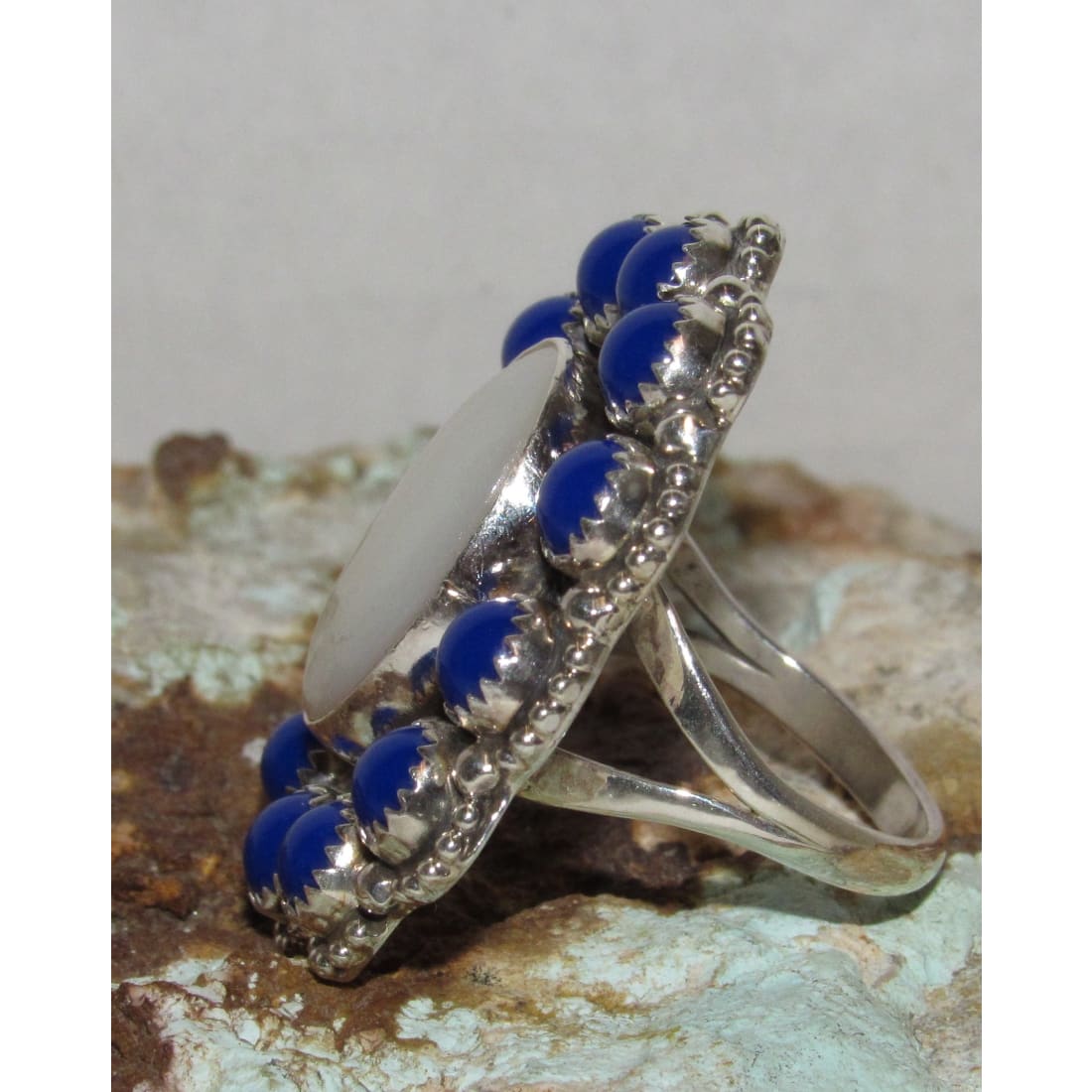 Navajo Mother of Pearl Ring Lapis Lazuli Cluster Ring Size 8.5 Sterling Silver