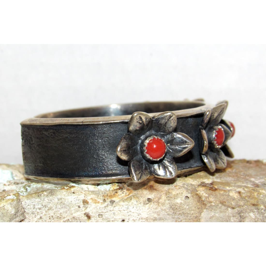 Navajo Sterling Silver Red Coral Flower Blossom Statement Cuff Bracelet M. Tom