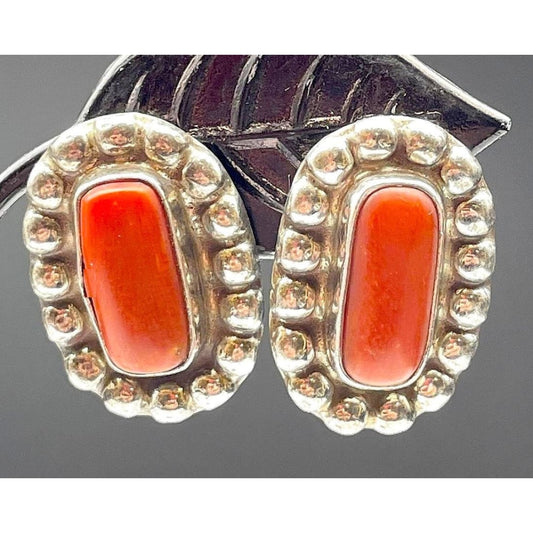 Vintage Navajo Coral Post Earrings Sterling Silver Wayne Aguilar Signed