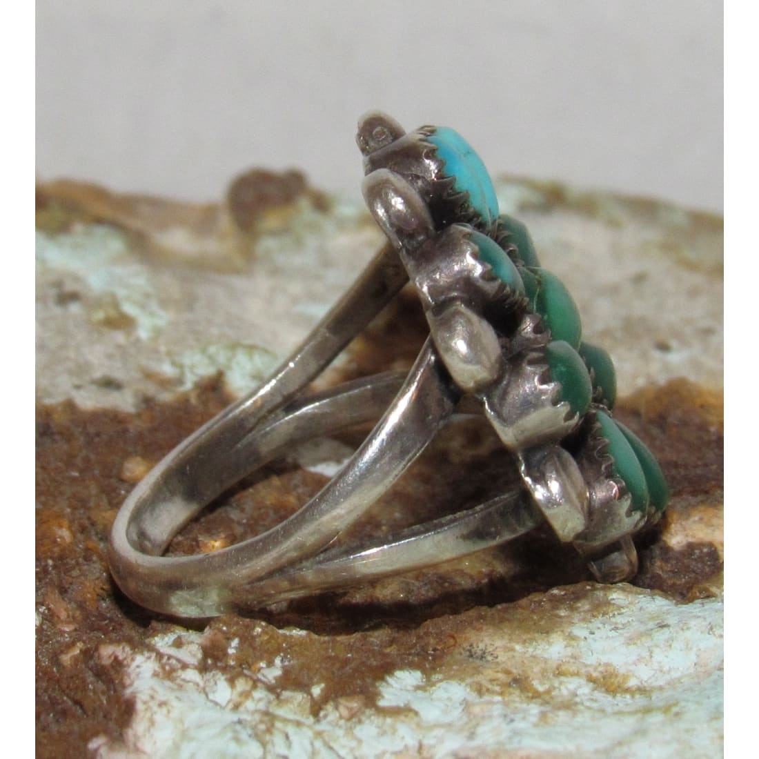 Old Pawn Zuni Turquoise Cluster Ring Sz 5 Sterling Native Vintage