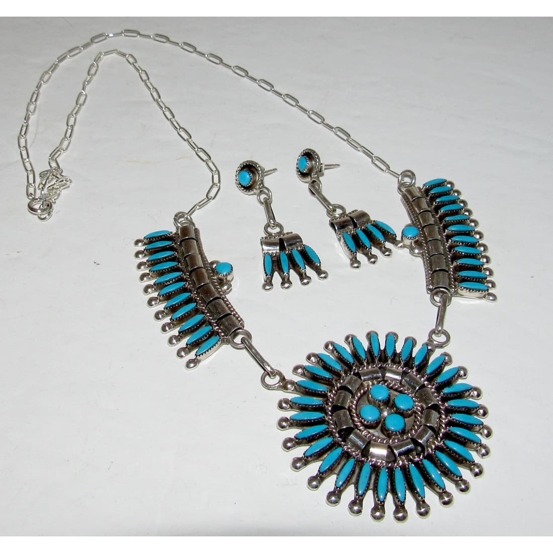 Zuni Turquoise Cluster Necklace and Earrings Set Sterling Silver