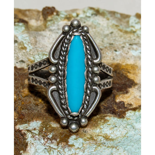 Vintage Old Pawn Bell Trading Post Navajo Sterling Silver Turquoise Ring Size 6.5