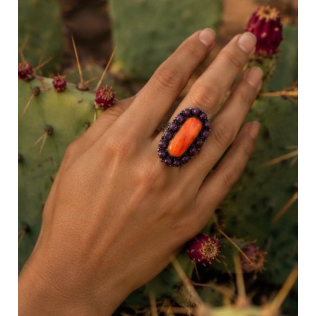 Massive Navajo Orange Purple Spiny Cluster Ring Sz 7.5 Sterling Silver Dean Brown