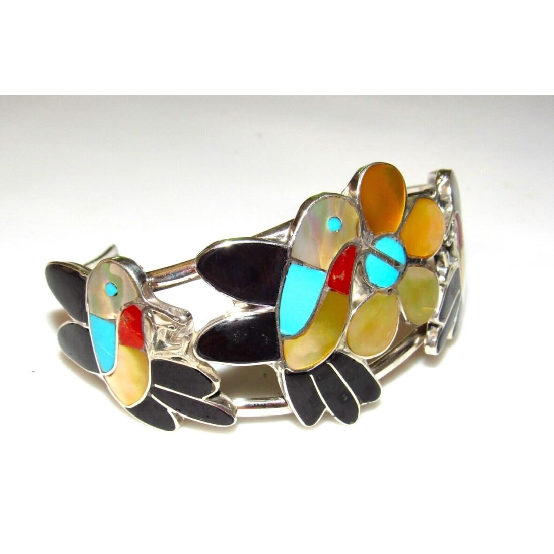 Vintage Zuni Inlay Hummingbird Cuff Bracelet Sterling Silver Jet Turquoise Shell