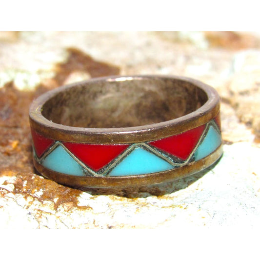 Vintage Zuni Coral Turquoise Inlay Band Ring Size 6.5 Sterling Silver
