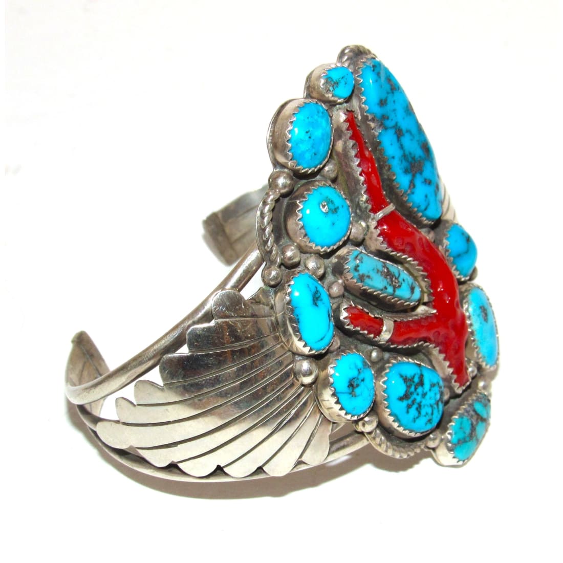 Spectacular Early Navajo Turquoise Coral Sterling Silver Cuff Bracelet