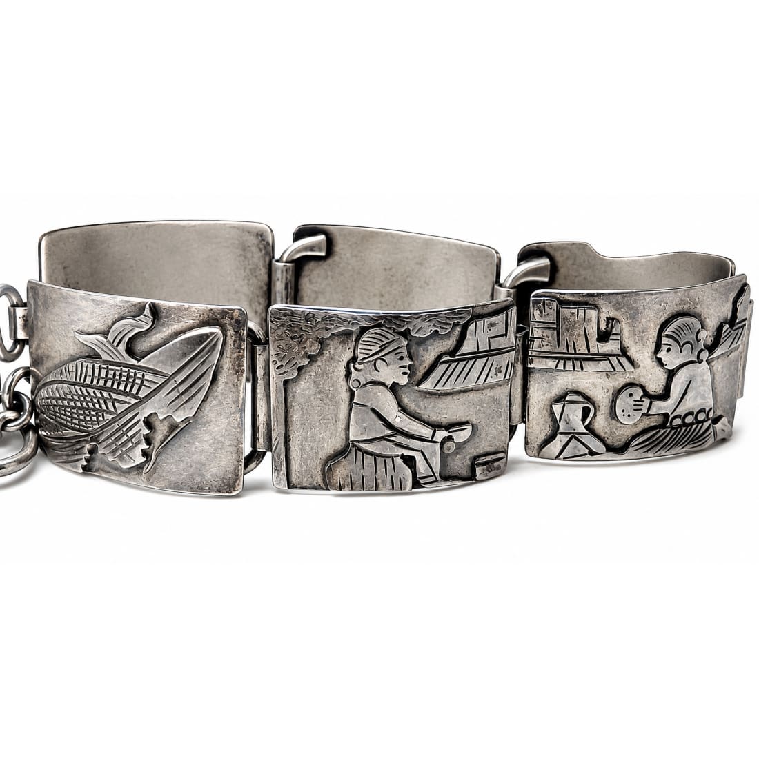 Vintage Navajo Sterling Silver Storyteller Panel Bracelet J. Livingston Signed