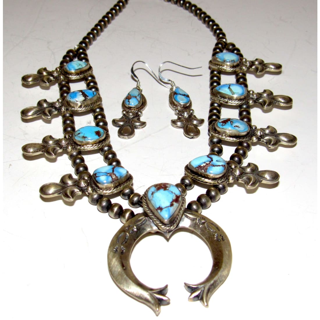 Navajo Golden Hills Turquoise Sterling Squash Blossom Necklace & Earrings Set
