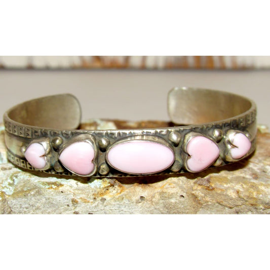 Navajo Pink Conch Hearts & Turquoise Bracelet Stacker Sterling G. Jones