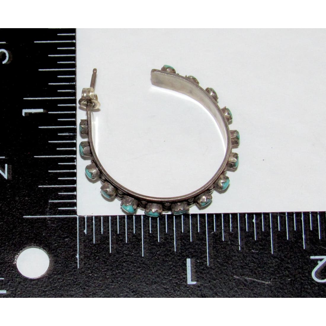 Vintage Zuni Snake Eye Turquoise Hoop Earrings 1 1/4" Diameter Sterling Silver