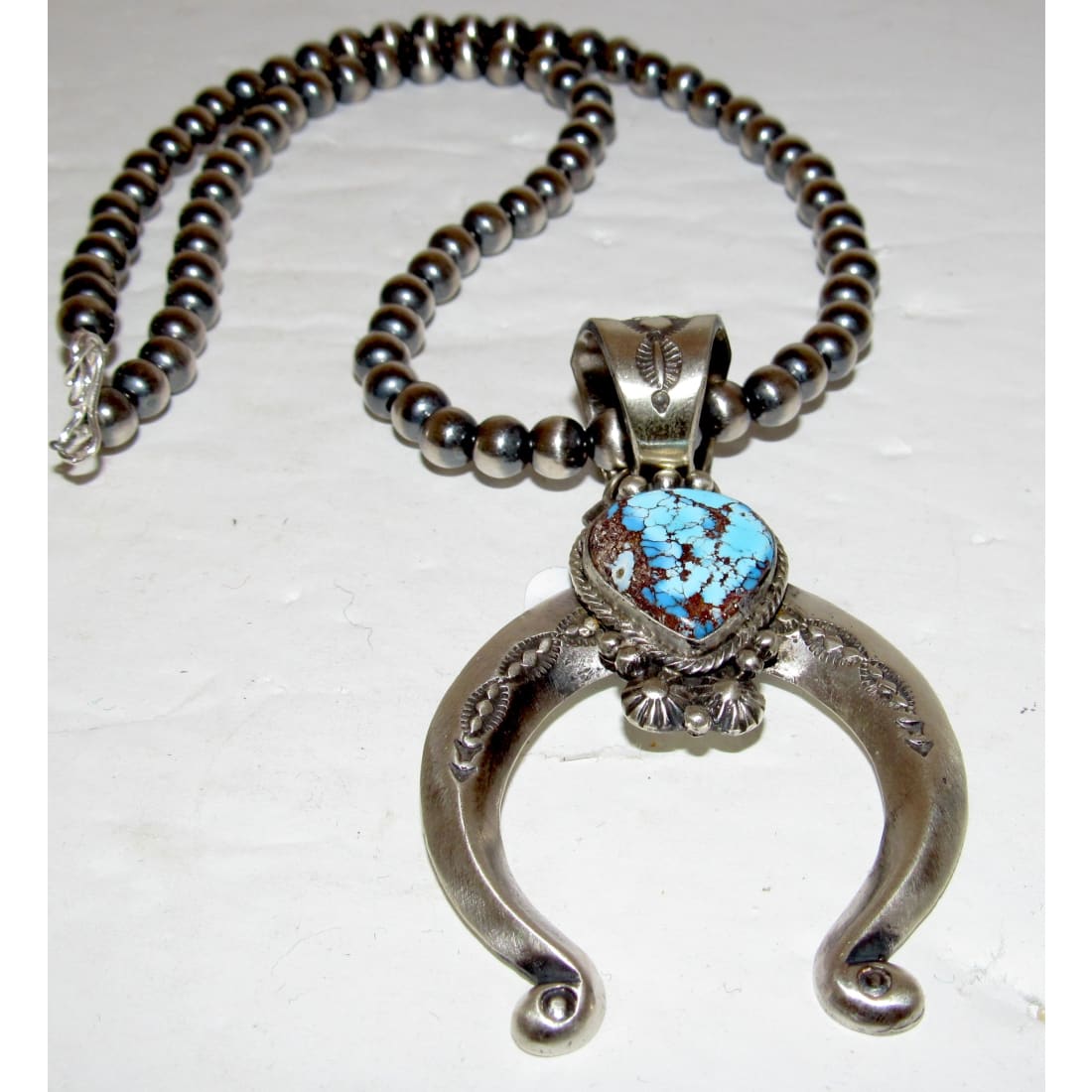 Navajo Golden Hills Turquoise Naja Necklace Squash Blossom Sterling Signed