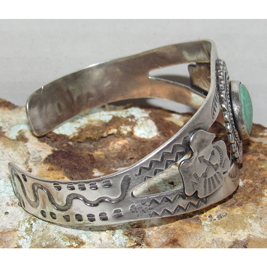 Fred Harvey Era Bracelet Navajo Sterling Turquoise Thunderbird Snake Cuff Old Pawn