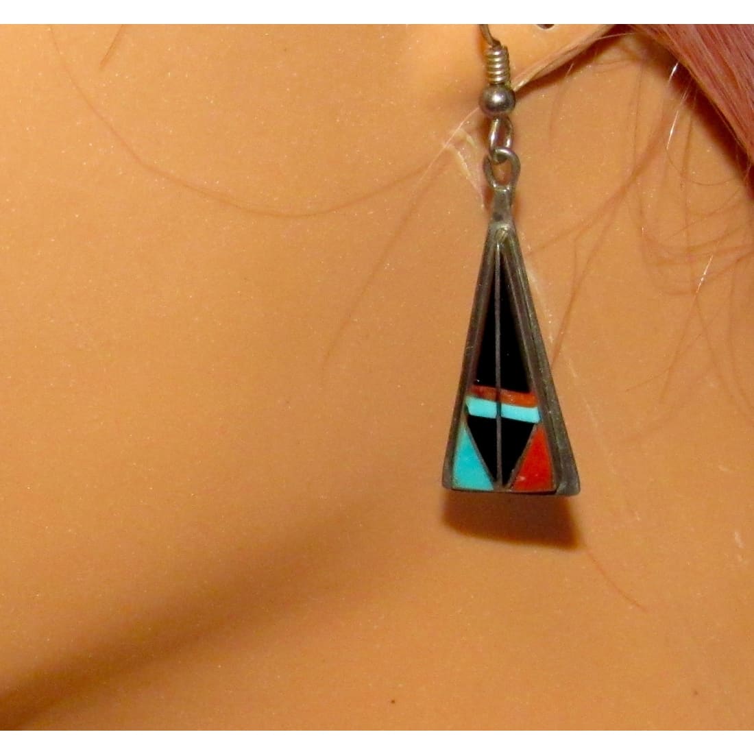Navajo Turquoise Jet Inlay Earrings Sterling Silver Teme Sunburst Handcarfts