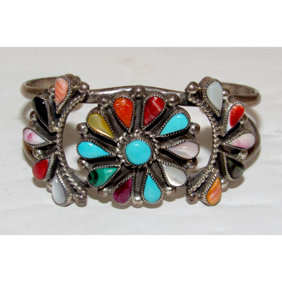 Vintage Zuni Cluster Cuff Bracelet Sterling Silver Phyllis Coonsis Turquoise Multi Stone