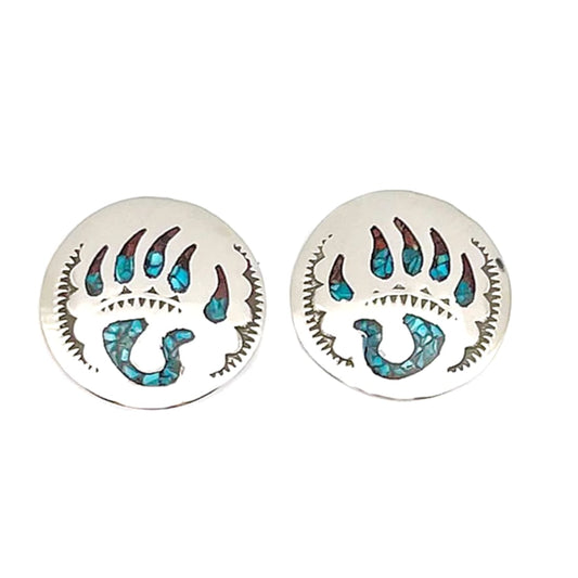 Navajo Earrings Bear Paw Design Turquoise Coral Inlay Joleen Yazzie