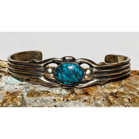 Vintage Navajo Spiderweb Kingman Turquoise Cuff Bracelet Sterling Silver Wilson Begay