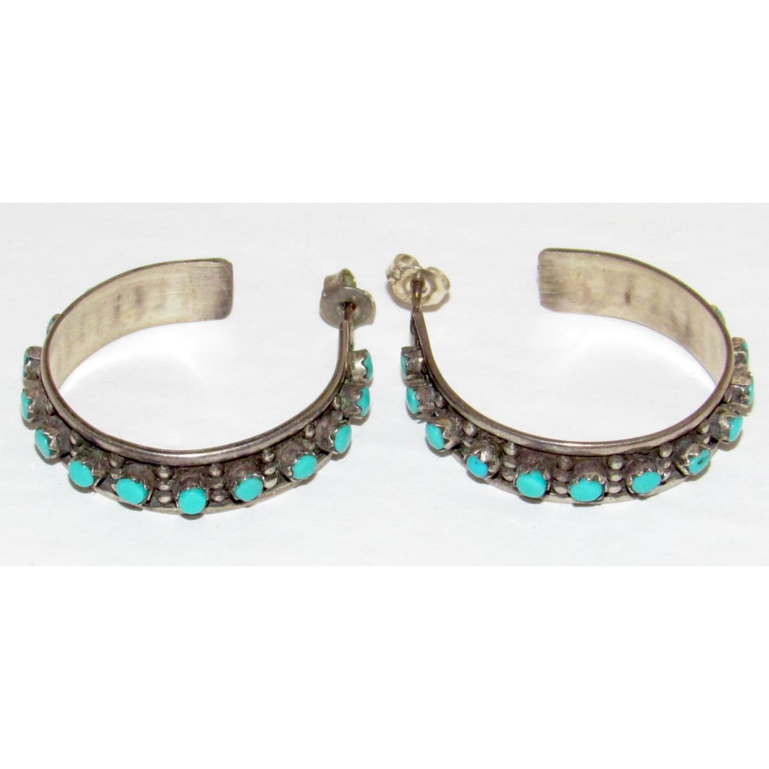 Vintage Zuni Snake Eye Turquoise Hoop Earrings 1 1/4" Diameter Sterling Silver