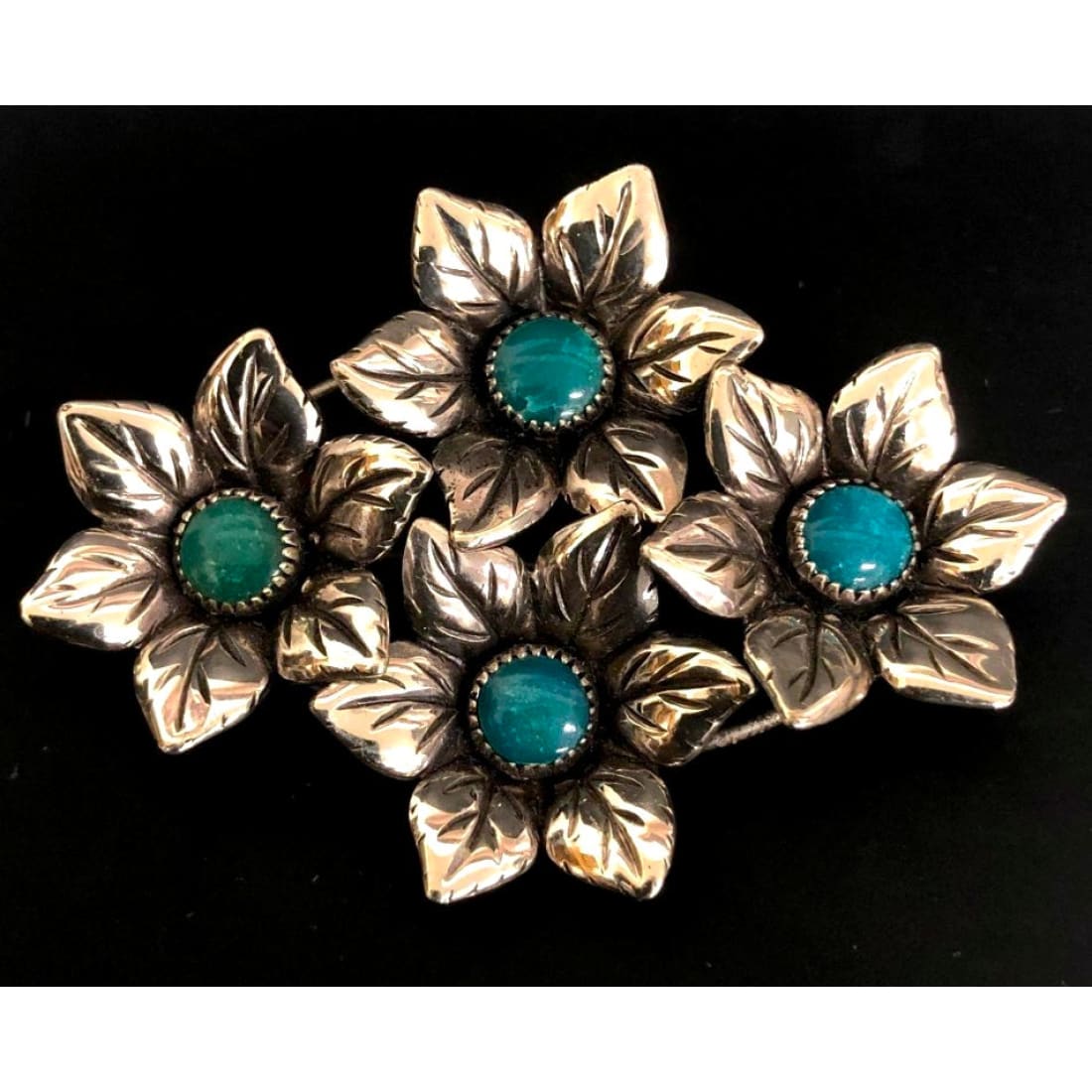 Rare Bell Trading Post Sterling Silver Turquoise Flower Brooch