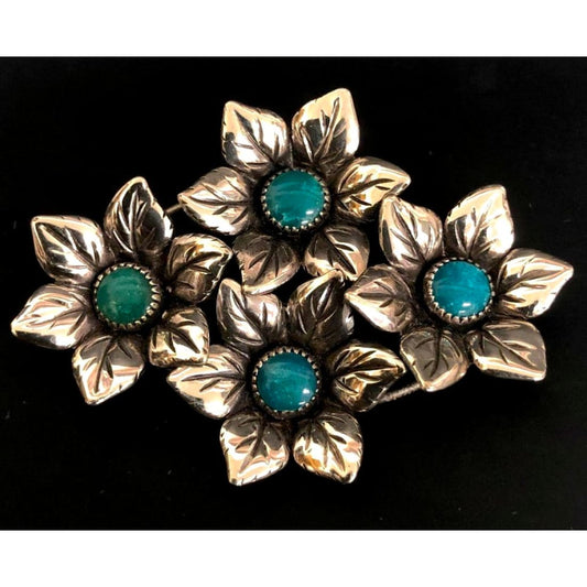 Rare Bell Trading Post Sterling Silver Turquoise Flower Brooch
