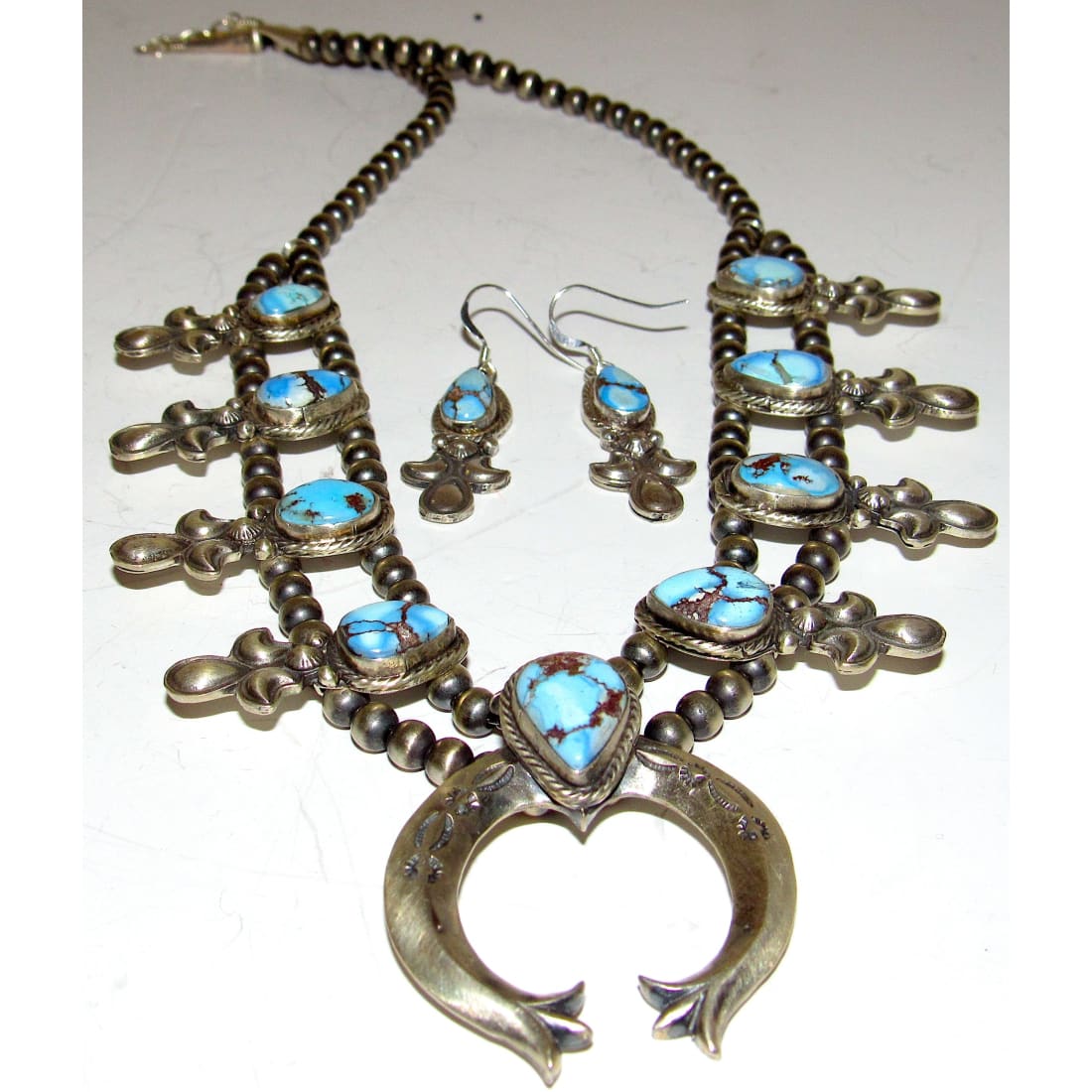 Navajo Golden Hills Turquoise Sterling Squash Blossom Necklace & Earrings Set