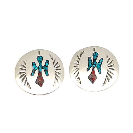 Navajo Earrings Peyote Bird Design Turquoise Coral Inlay J.Yazzie