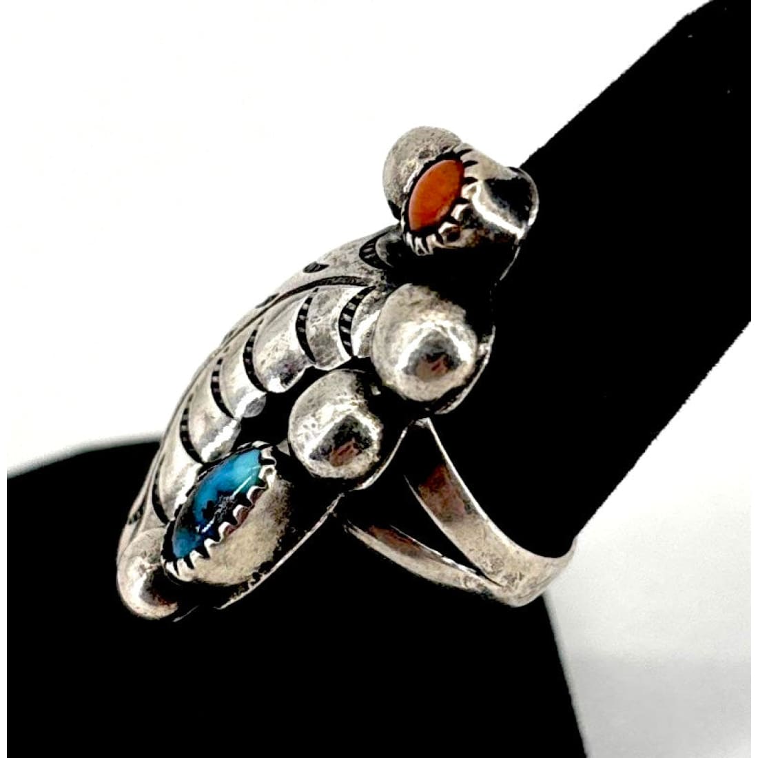 Old Pawn Navajo Sterling Turquoise Coral Statement Ring Size 7 Native American