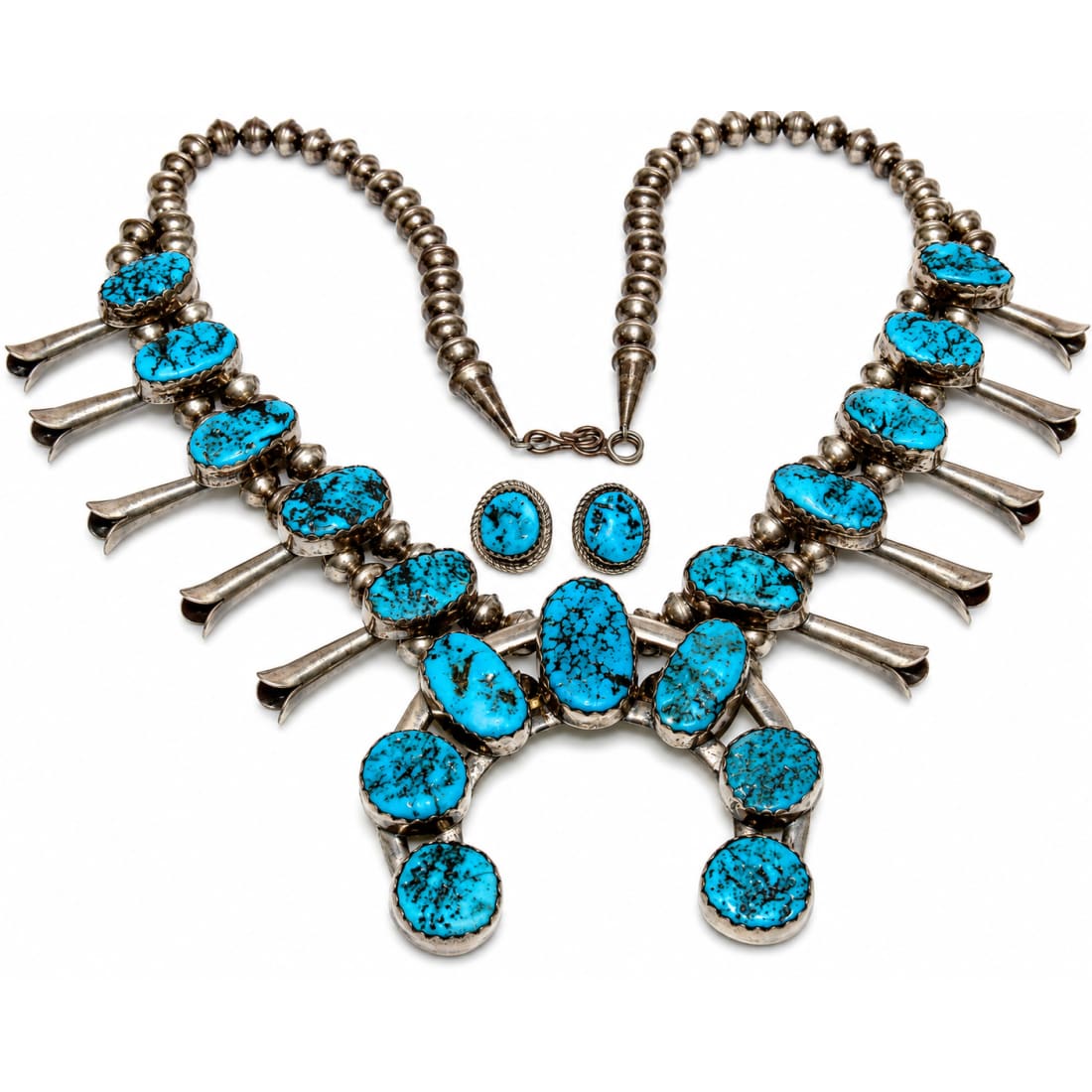 Vintage Navajo Squash Blossom Necklace Earrings Set Kingman Turquoise Sterling Silver