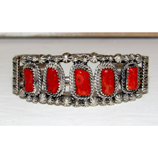 Vintage Navajo Mediterranean Coral Cuff Cluster Bracelet Sterling Silver