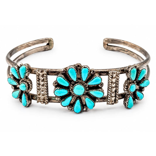 Old Pawn Zuni Turquoise Cluster Cuff Bracelet Turquoise Sterling Silver