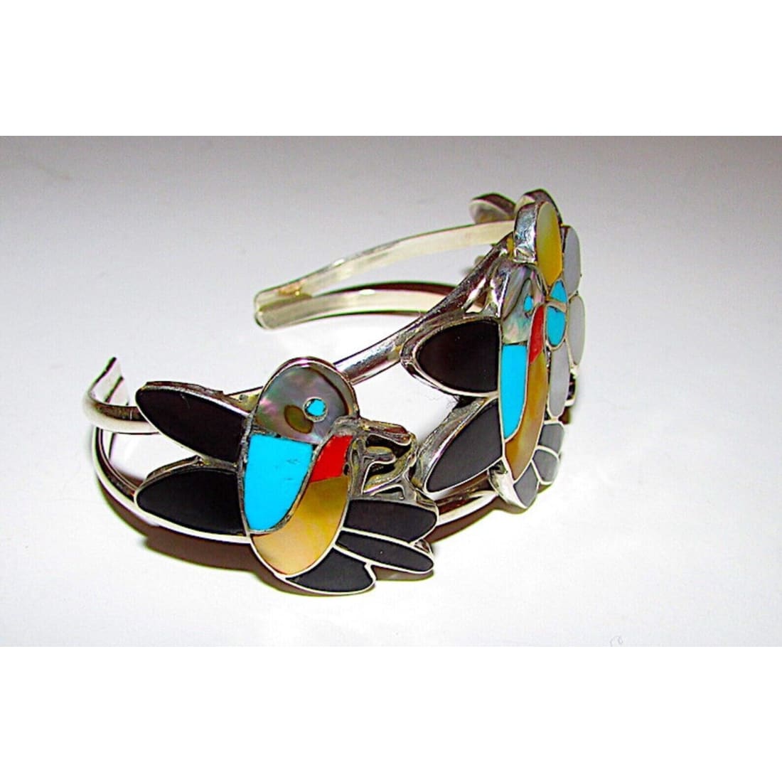 Vintage Zuni Inlay Hummingbird Cuff Bracelet Sterling Silver Jet Turquoise Shell