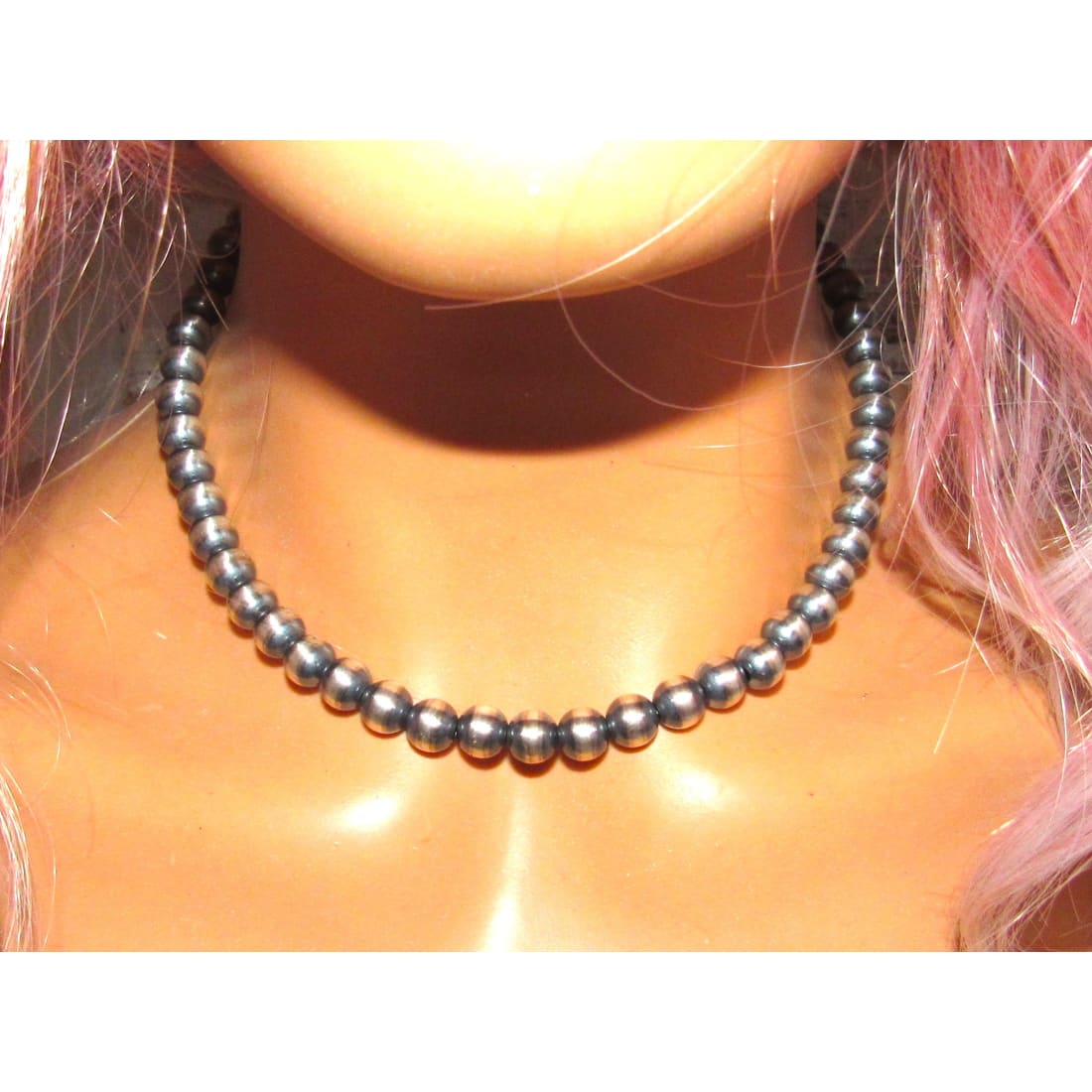8mm Navajo Pearls Necklace Sterling Silver Choker Necklace 16"L