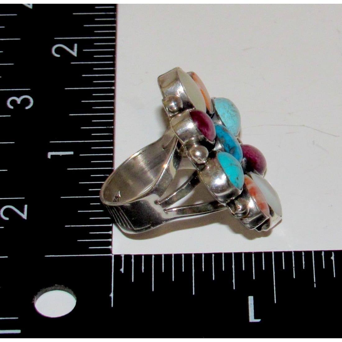 Navajo Turquoise Spiny MOP Cluster Ring Sz 7.5 Sterling Silver A. Bahe