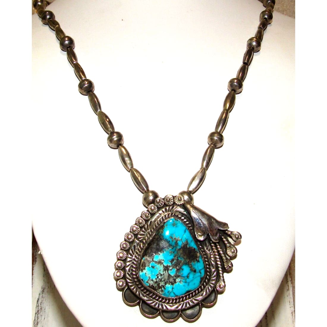 VTG Navajo Morenci Turquoise Pendant Necklace Sterling Navajo Pearls Necklace