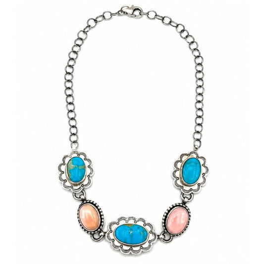 Navajo Sleeping Beauty Turquoise Pink Conch Sterling Silver Choker Necklace S Skeets