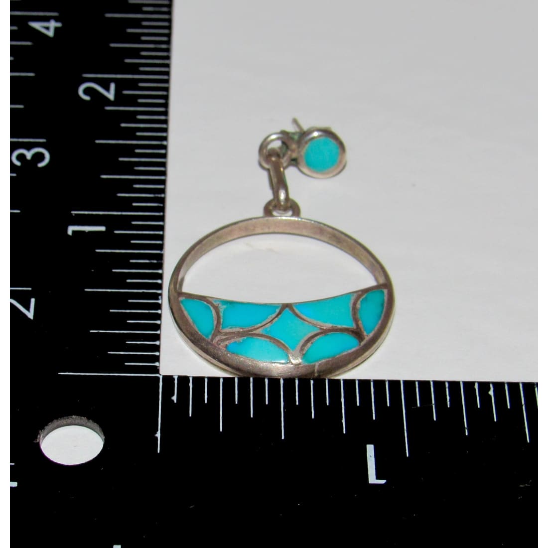 Old Pawn Zuni Turquoise Fish Scale Inlay Dangle Earrings Sterling Silver