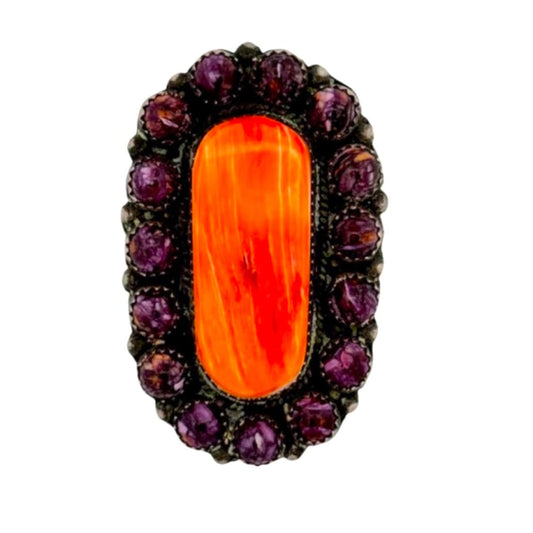Massive Navajo Orange Purple Spiny Cluster Ring Sz 7.5 Sterling Silver Dean Brown